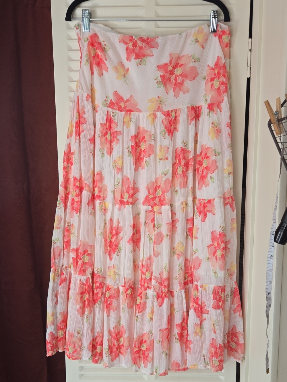 Chaps White Tiered Maxi Skirt with Coral Floral Print